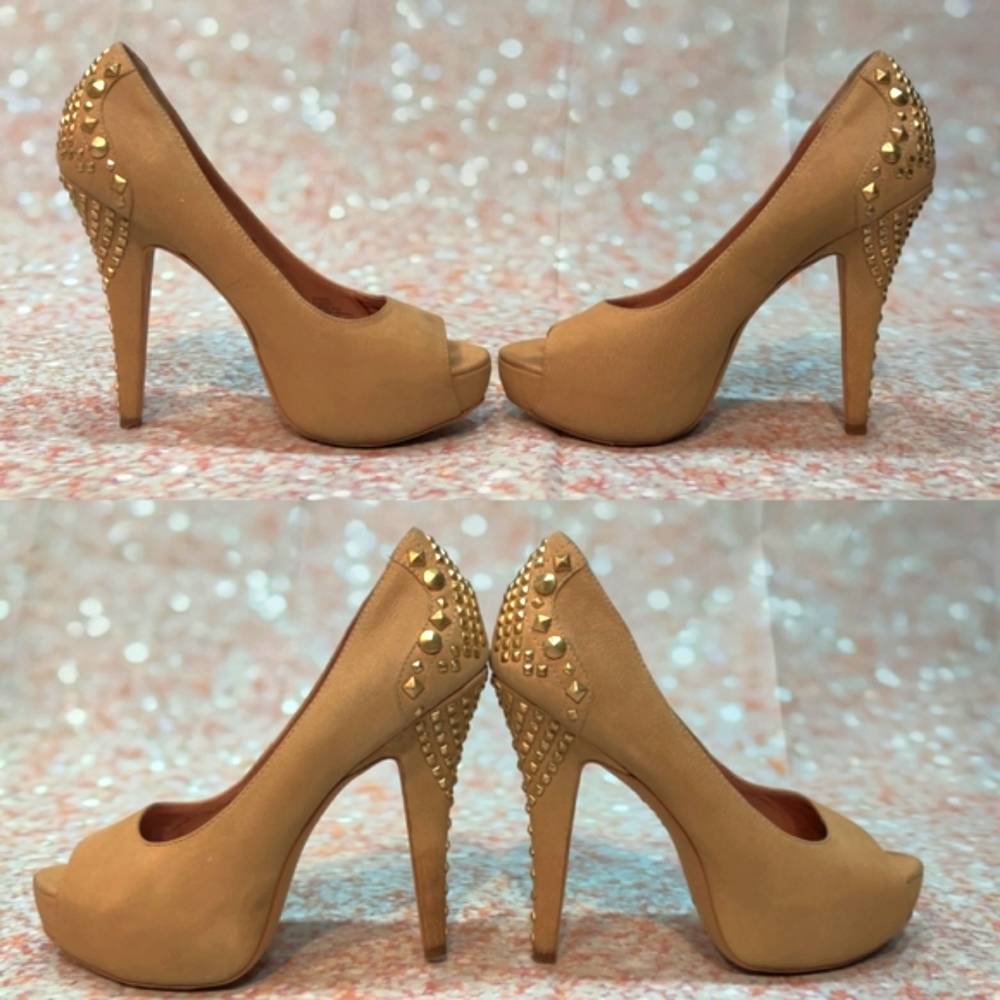 Vince Camuto Tan Leather Peep Toe Studded Heels - Picture 8 of 8